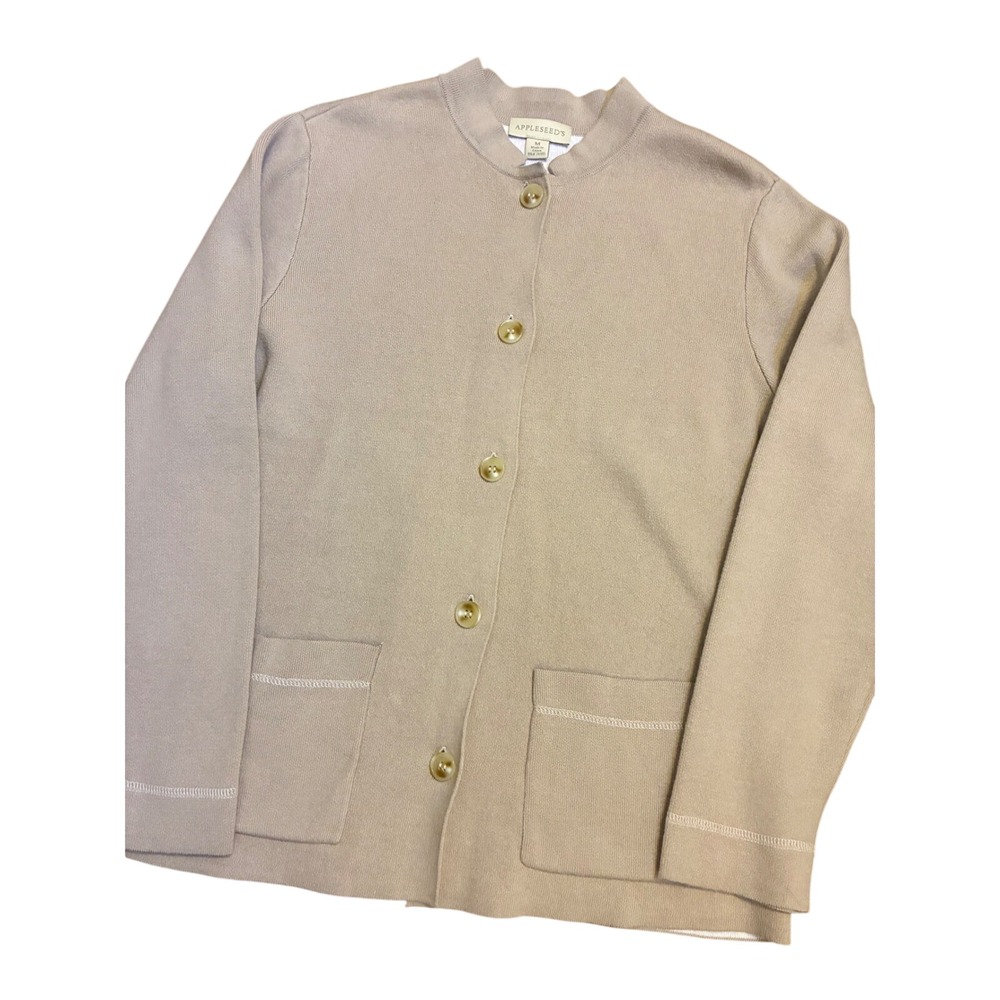 Appleseeds Vintage Tan Beige Mock Neck Button Front Cardigan Sweater Womens M